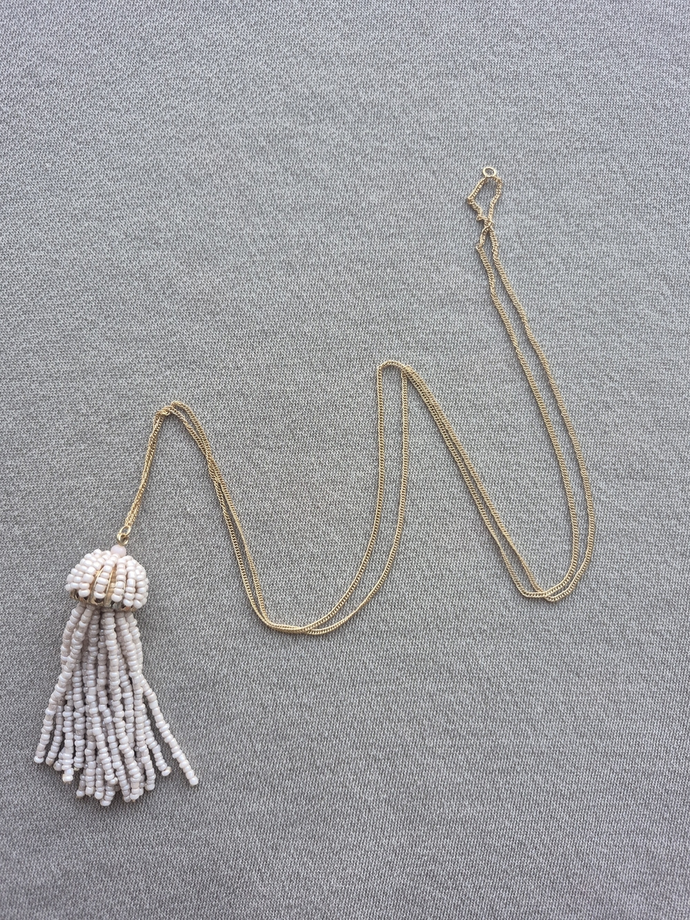 Gold Chain Necklace with Cream Beaded Tassel